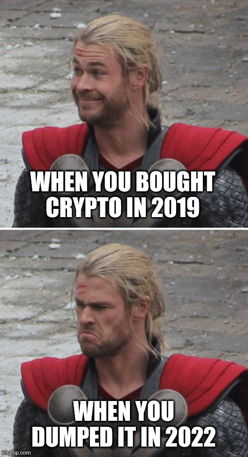 Rollercoasters are fun at an amusement park. Not so much fun with your money. |  WHEN YOU BOUGHT CRYPTO IN 2019; WHEN YOU DUMPED IT IN 2022 | image tagged in thor happy then sad,cryptocurrency,everyone loses their minds,waste of money,reality check | made w/ Imgflip meme maker