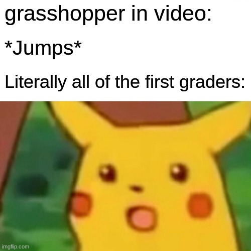 Surprised Pikachu | grasshopper in video:; *Jumps*; Literally all of the first graders: | image tagged in memes,surprised pikachu | made w/ Imgflip meme maker