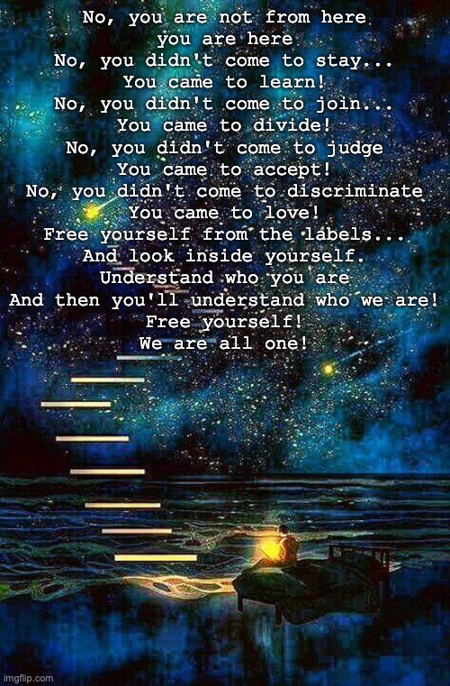 not from here | No, you are not from here
you are here
No, you didn't come to stay...
You came to learn!

No, you didn't come to join...
You came to divide!
No, you didn't come to judge
You came to accept!

No, you didn't come to discriminate
You came to love!
Free yourself from the labels...
And look inside yourself.

Understand who you are
And then you'll understand who we are!
Free yourself!
We are all one! | image tagged in not from here | made w/ Imgflip meme maker