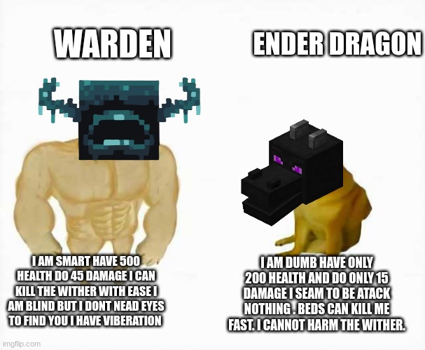 Strong dog vs weak dog |  WARDEN; ENDER DRAGON; I AM SMART HAVE 500 HEALTH DO 45 DAMAGE I CAN KILL THE WITHER WITH EASE I AM BLIND BUT I DONT NEAD EYES TO FIND YOU I HAVE VIBERATION; I AM DUMB HAVE ONLY 200 HEALTH AND DO ONLY 15 DAMAGE I SEAM TO BE ATACK NOTHING . BEDS CAN KILL ME FAST. I CANNOT HARM THE WITHER. | image tagged in strong dog vs weak dog | made w/ Imgflip meme maker