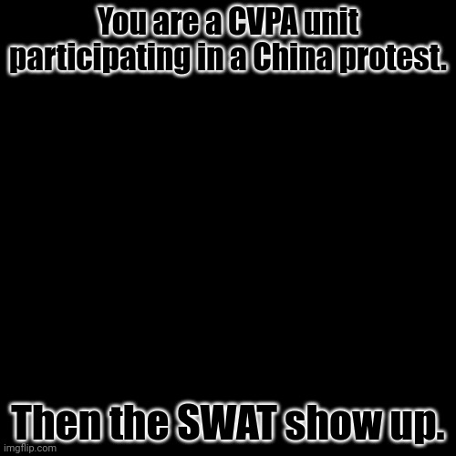 The CVPA never travel alone, plus, just about everyone is here. | You are a CVPA unit participating in a China protest. Then the SWAT show up. | image tagged in memes,blank transparent square | made w/ Imgflip meme maker