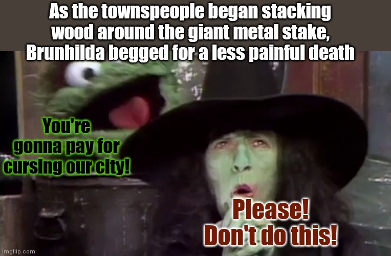 Sesame street lost episodes | As the townspeople began stacking wood around the giant metal stake, Brunhilda begged for a less painful death; You're gonna pay for cursing our city! Please! Don't do this! | image tagged in lost,episode,sesame street,burn,the witch | made w/ Imgflip meme maker