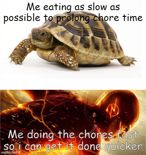 Slow vs Fast Meme | Me eating as slow as possible to prolong chore time; Me doing the chores fast so i can get it done quicker | image tagged in slow vs fast meme,food,eating | made w/ Imgflip meme maker