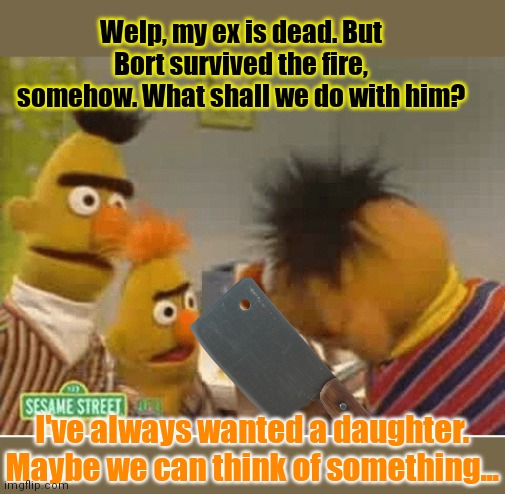 It's time to stop | Welp, my ex is dead. But Bort survived the fire, somehow. What shall we do with him? I've always wanted a daughter. Maybe we can think of something... | image tagged in no this is not ok,its time to stop,sesame street,bert and ernie,dark humor | made w/ Imgflip meme maker