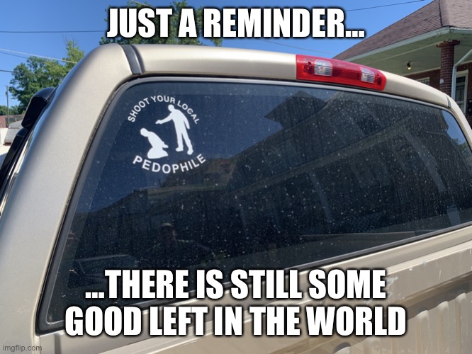 Shoot your local pedophile | JUST A REMINDER…; …THERE IS STILL SOME GOOD LEFT IN THE WORLD | image tagged in shoot your local pedophile | made w/ Imgflip meme maker