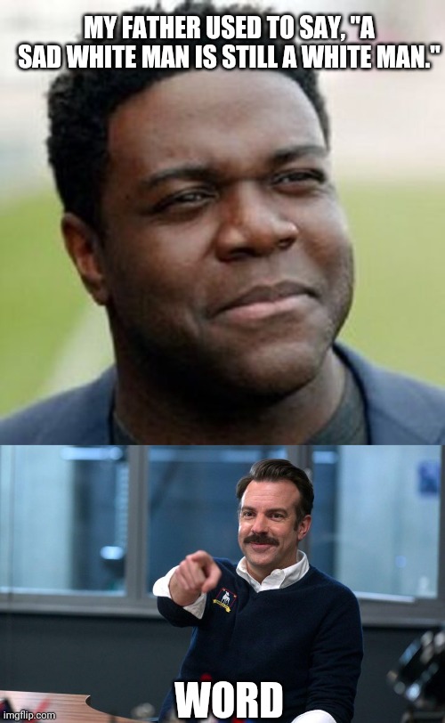 Ted Lasso; Chicken soup for the brain | MY FATHER USED TO SAY, "A SAD WHITE MAN IS STILL A WHITE MAN."; WORD | image tagged in funny memes | made w/ Imgflip meme maker