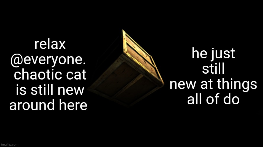 box | relax @everyone. 
chaotic cat is still new around here; he just still new at things all of do | image tagged in box | made w/ Imgflip meme maker