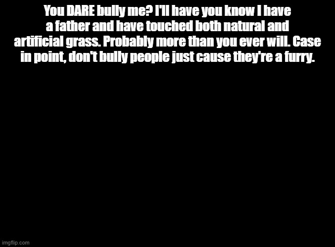 New copypasta | You DARE bully me? I'll have you know I have a father and have touched both natural and artificial grass. Probably more than you ever will. Case in point, don't bully people just cause they're a furry. | image tagged in blank black,copypasta | made w/ Imgflip meme maker