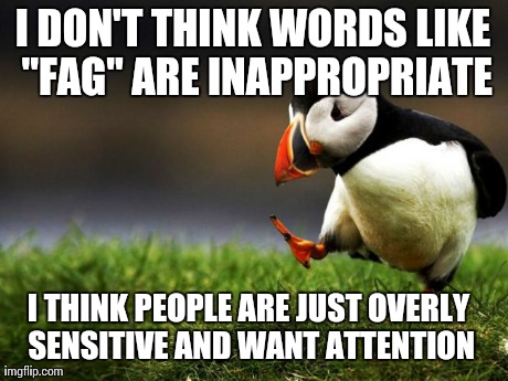 Unpopular Opinion Puffin Meme | I DON'T THINK WORDS LIKE "F*G" ARE INAPPROPRIATE I THINK PEOPLE ARE JUST OVERLY SENSITIVE AND WANT ATTENTION | image tagged in unpopular opinion puffin,AdviceAnimals | made w/ Imgflip meme maker