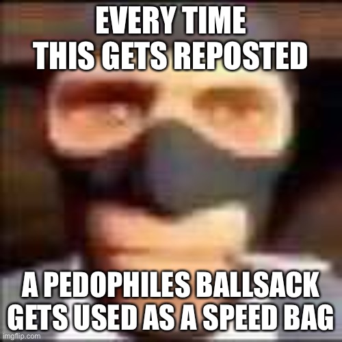 spi | EVERY TIME THIS GETS REPOSTED; A PEDOPHILES BALLSACK GETS USED AS A SPEED BAG | image tagged in spi | made w/ Imgflip meme maker