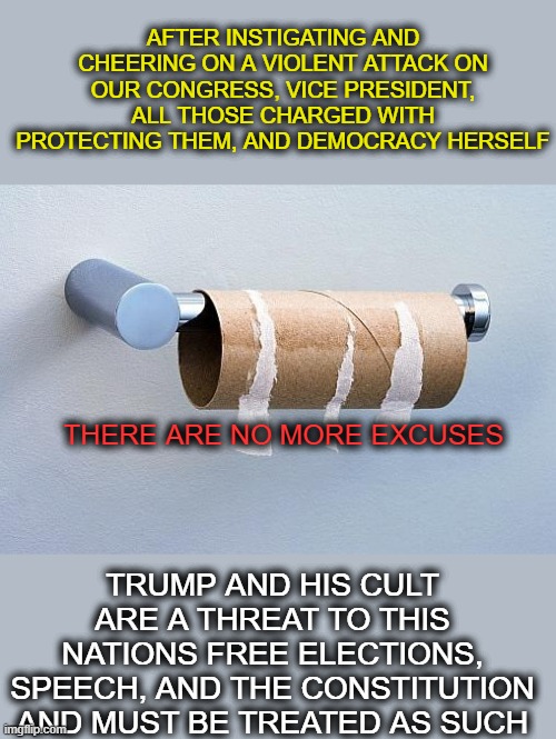 No More Toilet Paper | AFTER INSTIGATING AND CHEERING ON A VIOLENT ATTACK ON OUR CONGRESS, VICE PRESIDENT, ALL THOSE CHARGED WITH PROTECTING THEM, AND DEMOCRACY HERSELF; THERE ARE NO MORE EXCUSES; TRUMP AND HIS CULT ARE A THREAT TO THIS NATIONS FREE ELECTIONS, SPEECH, AND THE CONSTITUTION AND MUST BE TREATED AS SUCH | image tagged in no more toilet paper,memes,politics,treason,lock him up,republicans | made w/ Imgflip meme maker
