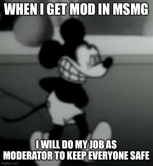  WHEN I GET MOD IN MSMG; I WILL DO MY JOB AS MODERATOR TO KEEP EVERYONE SAFE | image tagged in suicide mouse | made w/ Imgflip meme maker