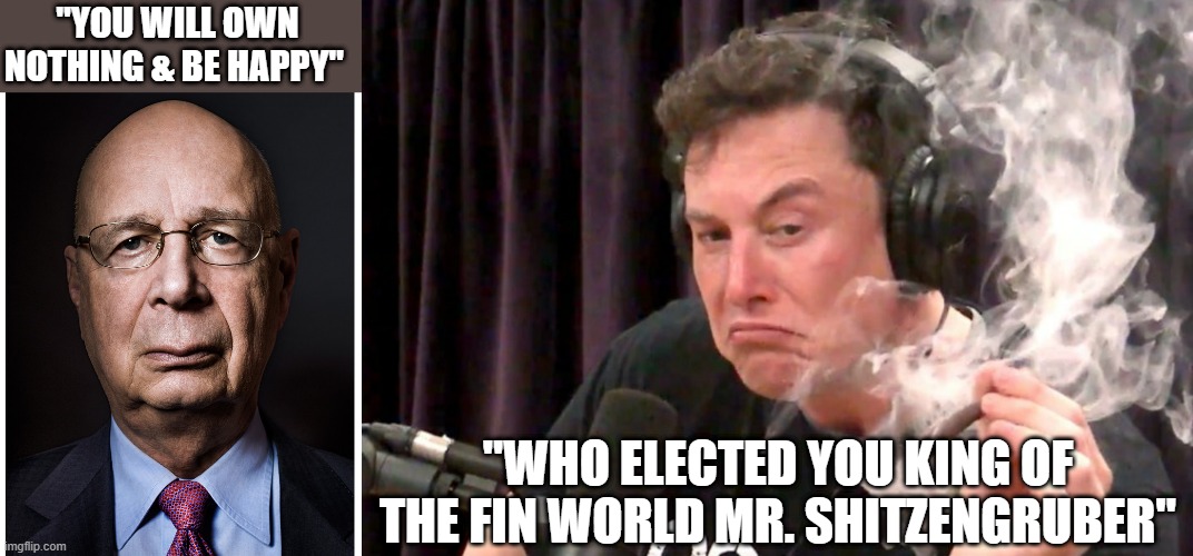 KLAUS SHITENGUBER | "YOU WILL OWN NOTHING & BE HAPPY"; "WHO ELECTED YOU KING OF THE FIN WORLD MR. SHITZENGRUBER" | image tagged in nwo police state | made w/ Imgflip meme maker