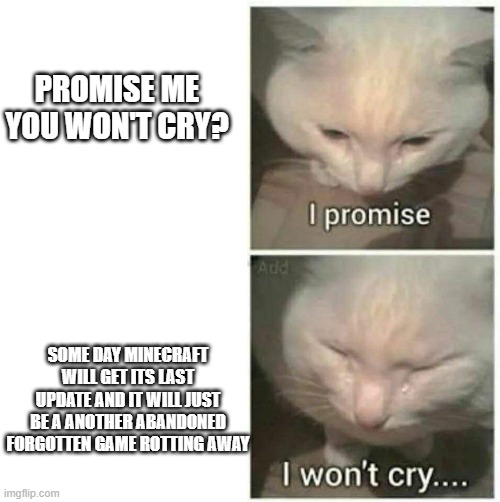 some day it will... :,( | PROMISE ME YOU WON'T CRY? SOME DAY MINECRAFT WILL GET ITS LAST UPDATE AND IT WILL JUST BE A ANOTHER ABANDONED FORGOTTEN GAME ROTTING AWAY | image tagged in i promise i won't cry | made w/ Imgflip meme maker