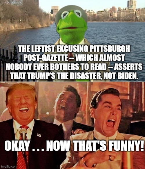 Yep . . . that's funny. | THE LEFTIST EXCUSING PITTSBURGH POST-GAZETTE -- WHICH ALMOST NOBODY EVER BOTHERS TO READ -- ASSERTS THAT TRUMP'S THE DISASTER, NOT BIDEN. OKAY . . . NOW THAT'S FUNNY! | image tagged in kermit news report | made w/ Imgflip meme maker