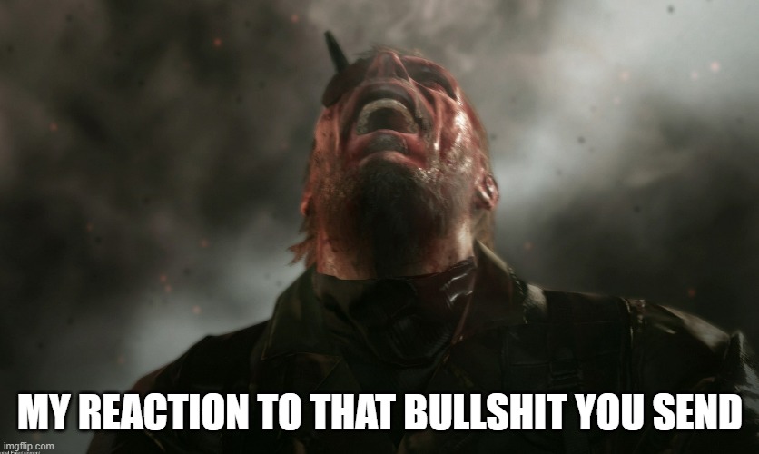 MgsVTPP reaction | MY REACTION TO THAT BULLSHIT YOU SEND | image tagged in metal gear solid,reaction | made w/ Imgflip meme maker
