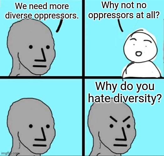 NPCs | Why not no oppressors at all? We need more diverse oppressors. Why do you hate diversity? | image tagged in npc meme | made w/ Imgflip meme maker