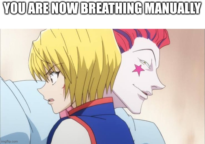 . | YOU ARE NOW BREATHING MANUALLY | image tagged in hxh hunter hunter kurapika hisoka | made w/ Imgflip meme maker