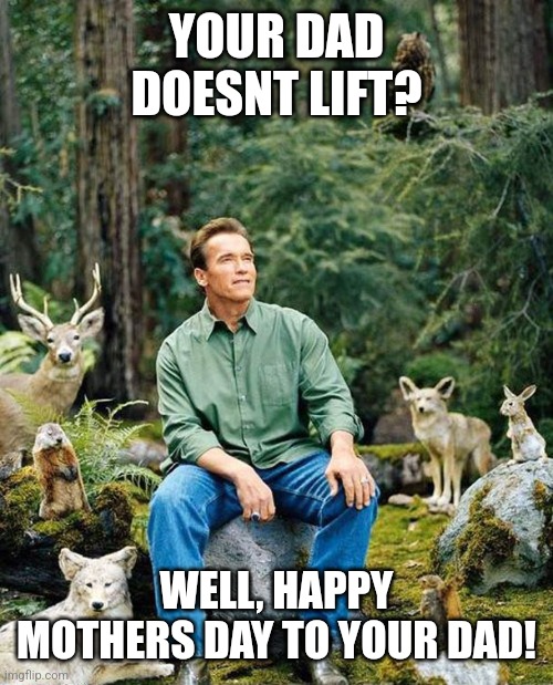 Arnold Schwarzenegger | YOUR DAD DOESNT LIFT? WELL, HAPPY MOTHERS DAY TO YOUR DAD! | image tagged in arnold schwarzenegger | made w/ Imgflip meme maker