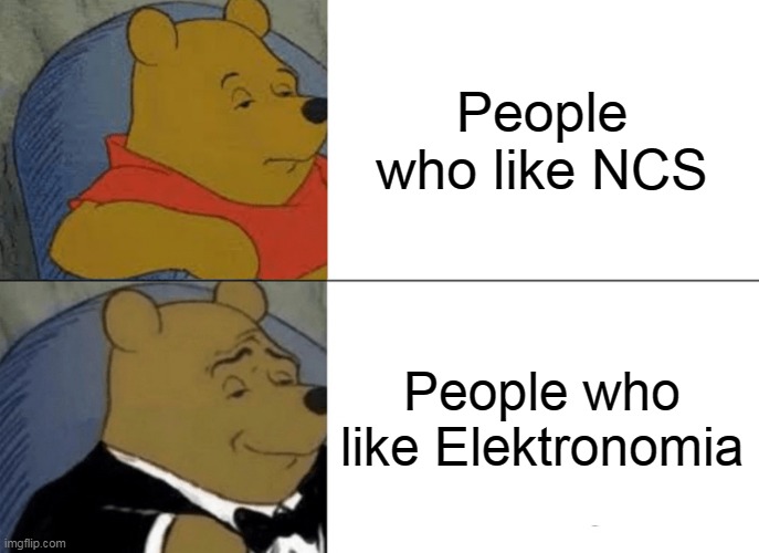 Elektronomia made NCS popular, you should listen his songs! | People who like NCS; People who like Elektronomia | image tagged in memes,tuxedo winnie the pooh | made w/ Imgflip meme maker