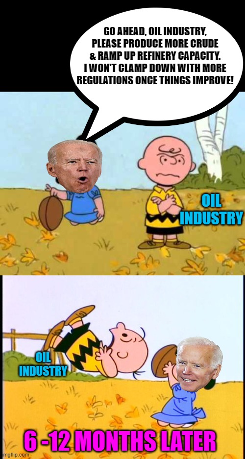 Biden suddenly thinks that we need more fossil fuels after campaigning to end them. | GO AHEAD, OIL INDUSTRY, PLEASE PRODUCE MORE CRUDE & RAMP UP REFINERY CAPACITY. I WON'T CLAMP DOWN WITH MORE REGULATIONS ONCE THINGS IMPROVE! OIL INDUSTRY; OIL INDUSTRY; 6 -12 MONTHS LATER | image tagged in lucy football and charlie brown,charlie brown football | made w/ Imgflip meme maker
