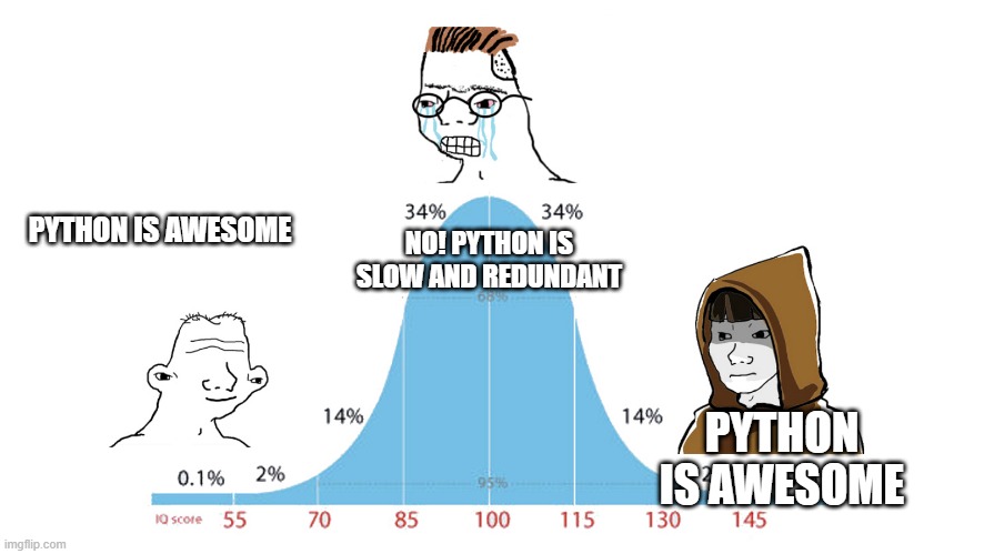 Midwit memes | NO! PYTHON IS SLOW AND REDUNDANT; PYTHON IS AWESOME; PYTHON IS AWESOME | image tagged in midwit memes | made w/ Imgflip meme maker