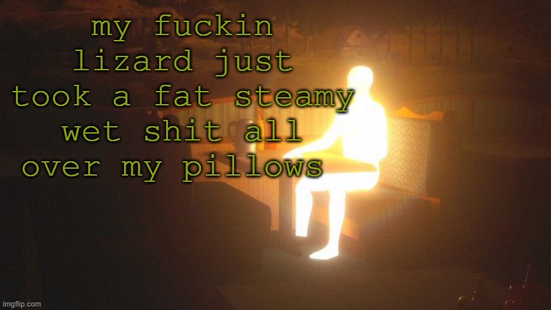 common lizard W | my fuckin lizard just took a fat steamy wet shit all over my pillows | image tagged in glowing guy | made w/ Imgflip meme maker