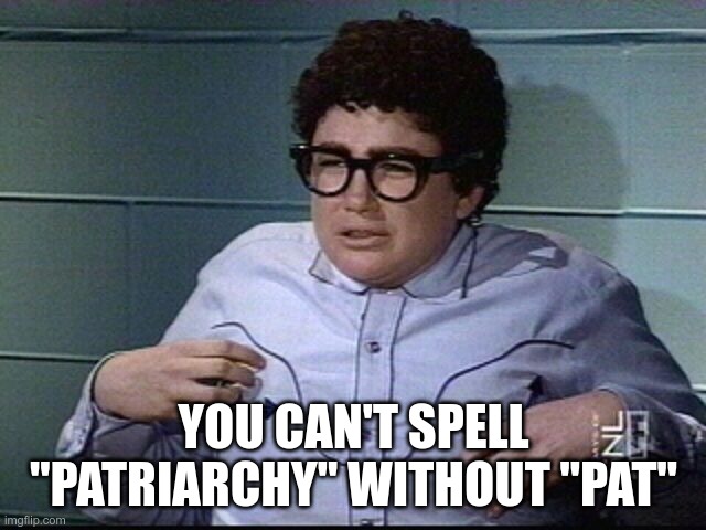 pat | YOU CAN'T SPELL "PATRIARCHY" WITHOUT "PAT" | image tagged in patriarchy | made w/ Imgflip meme maker