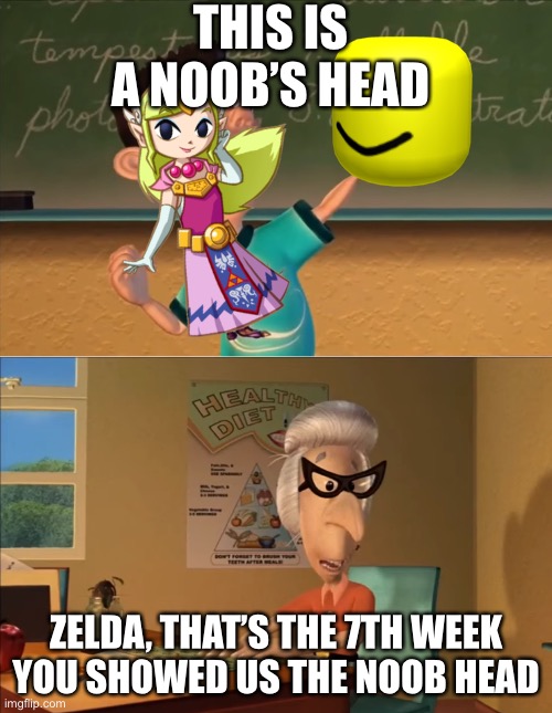 Zelda | THIS IS A NOOB’S HEAD; ZELDA, THAT’S THE 7TH WEEK YOU SHOWED US THE NOOB HEAD | image tagged in jimmy neutron meme | made w/ Imgflip meme maker