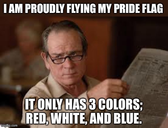 Flag | I AM PROUDLY FLYING MY PRIDE FLAG; IT ONLY HAS 3 COLORS; RED, WHITE, AND BLUE. | image tagged in no country for old men tommy lee jones | made w/ Imgflip meme maker