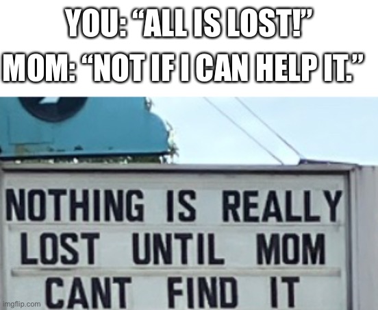 YOU: “ALL IS LOST!”; MOM: “NOT IF I CAN HELP IT.” | image tagged in lost | made w/ Imgflip meme maker