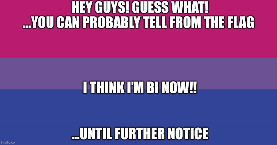 well i guess i’m bi now!! (until further notice that might never come) | HEY GUYS! GUESS WHAT!
…YOU CAN PROBABLY TELL FROM THE FLAG; I THINK I’M BI NOW!! …UNTIL FURTHER NOTICE | image tagged in bisexual flag | made w/ Imgflip meme maker