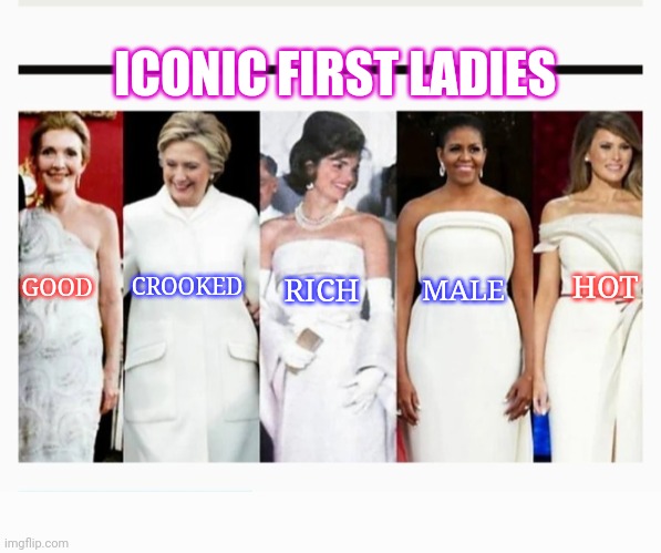 ICONIC FIRST LADIES; GOOD; HOT; CROOKED; MALE; RICH | image tagged in usa,first lady,truth hurts | made w/ Imgflip meme maker