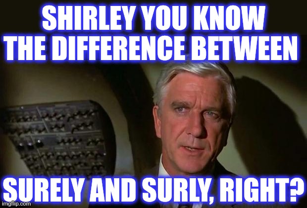 Surely you can't be serious... and don't call me Shirley | SHIRLEY YOU KNOW THE DIFFERENCE BETWEEN SURELY AND SURLY, RIGHT? | image tagged in surely you can't be serious and don't call me shirley | made w/ Imgflip meme maker
