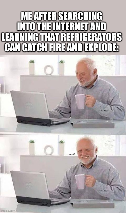 Hide the Pain Harold Meme | ME AFTER SEARCHING INTO THE INTERNET AND LEARNING THAT REFRIGERATORS CAN CATCH FIRE AND EXPLODE:; what? | image tagged in memes,hide the pain harold | made w/ Imgflip meme maker
