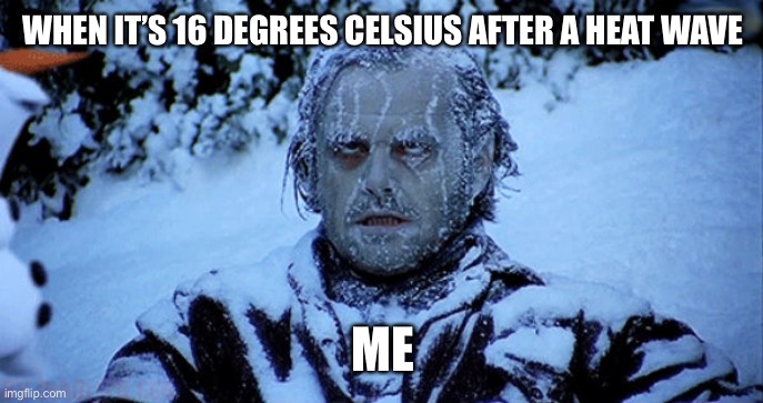 When your used to the heat |  WHEN IT’S 16 DEGREES CELSIUS AFTER A HEAT WAVE; ME | image tagged in freezing cold | made w/ Imgflip meme maker