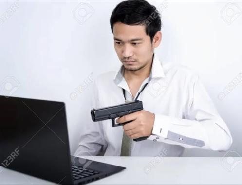High Quality Asian dude pointing a gun at a computer Blank Meme Template