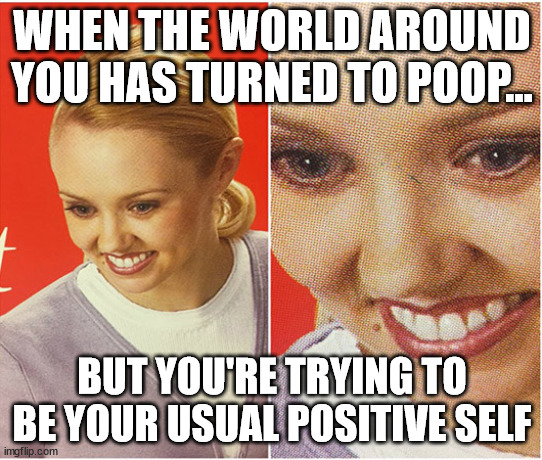 woman smiling | WHEN THE WORLD AROUND YOU HAS TURNED TO POOP... BUT YOU'RE TRYING TO BE YOUR USUAL POSITIVE SELF | image tagged in woman smiling | made w/ Imgflip meme maker