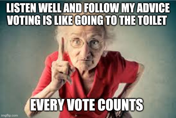 Every vote counts | LISTEN WELL AND FOLLOW MY ADVICE
VOTING IS LIKE GOING TO THE TOILET; EVERY VOTE COUNTS | image tagged in listen to me | made w/ Imgflip meme maker