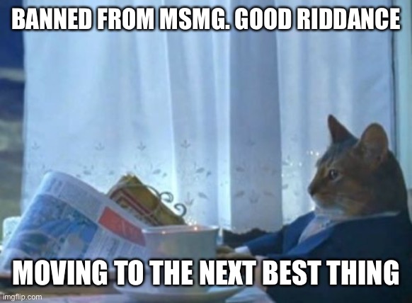 I Should Buy A Boat Cat | BANNED FROM MSMG. GOOD RIDDANCE; MOVING TO THE NEXT BEST THING | image tagged in memes,i should buy a boat cat | made w/ Imgflip meme maker