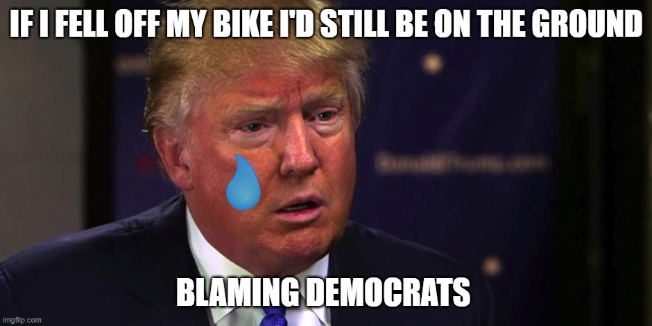 Sad Trump | IF I FELL OFF MY BIKE I'D STILL BE ON THE GROUND; BLAMING DEMOCRATS | image tagged in sad trump | made w/ Imgflip meme maker
