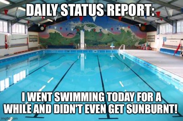 Swimming Pool |  DAILY STATUS REPORT:; I WENT SWIMMING TODAY FOR A WHILE AND DIDN'T EVEN GET SUNBURNT! | image tagged in swimming pool,daily,status,report | made w/ Imgflip meme maker