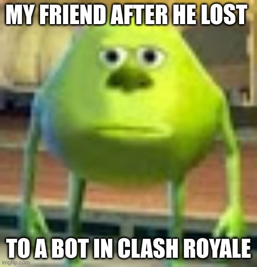 Wrecked | MY FRIEND AFTER HE LOST; TO A BOT IN CLASH ROYALE | image tagged in sully wazowski,noob | made w/ Imgflip meme maker