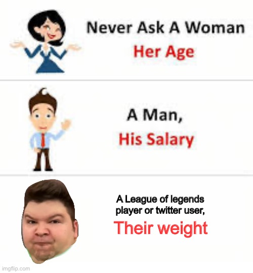 Never ask a woman her age | A League of legends player or twitter user, Their weight | image tagged in never ask a woman her age | made w/ Imgflip meme maker