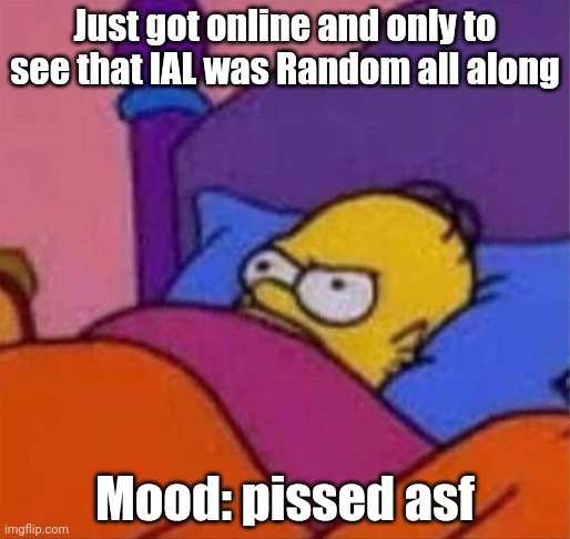 angry homer simpson in bed | Just got online and only to see that IAL was Random all along; Mood: pissed asf | image tagged in angry homer simpson in bed | made w/ Imgflip meme maker