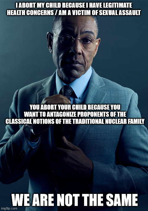 Gus Fring we are not the same |  I ABORT MY CHILD BECAUSE I HAVE LEGITIMATE HEALTH CONCERNS / AM A VICTIM OF SEXUAL ASSAULT; YOU ABORT YOUR CHILD BECAUSE YOU WANT TO ANTAGONIZE PROPONENTS OF THE CLASSICAL NOTIONS OF THE TRADITIONAL NUCLEAR FAMILY; WE ARE NOT THE SAME | image tagged in gus fring we are not the same,fringus in my bingus,give me the giant bingus in my bungule daddy | made w/ Imgflip meme maker