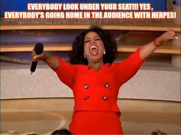 Oprah You Get A | EVERYBODY LOOK UNDER YOUR SEAT!!! YES , EVERYBODY'S GOING HOME IN THE AUDIENCE WITH HERPES! | image tagged in memes,oprah you get a | made w/ Imgflip meme maker