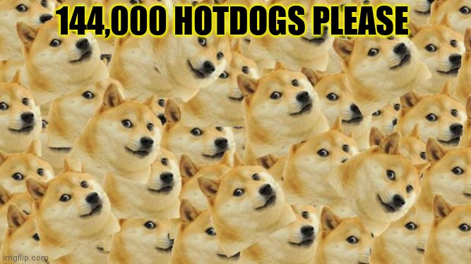 Time for a cookout | 144,000 HOTDOGS PLEASE | image tagged in memes,multi doge,hotdogs | made w/ Imgflip meme maker