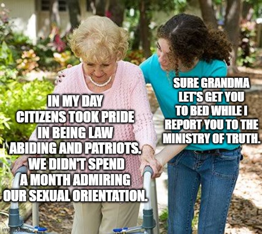 Times . . . they have changed. | SURE GRANDMA LET'S GET YOU TO BED WHILE I REPORT YOU TO THE MINISTRY OF TRUTH. IN MY DAY CITIZENS TOOK PRIDE IN BEING LAW ABIDING AND PATRIOTS.  WE DIDN'T SPEND A MONTH ADMIRING OUR SEXUAL ORIENTATION. | image tagged in sure grandma let's get you to bed | made w/ Imgflip meme maker