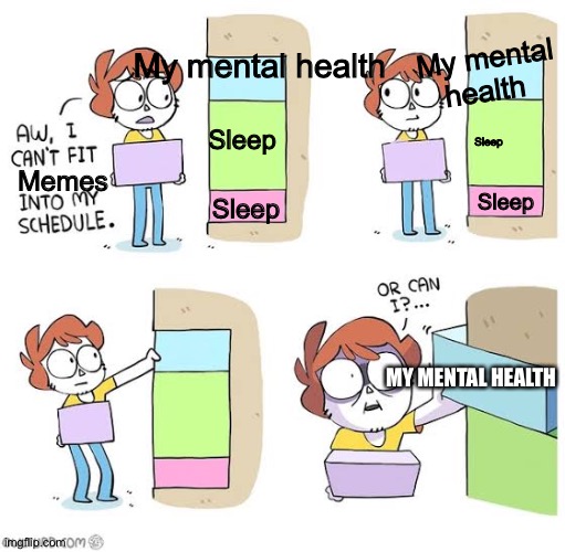 Health | My mental health; My mental health; Sleep; Sleep; Memes; Sleep; Sleep; MY MENTAL HEALTH | image tagged in schedule meme | made w/ Imgflip meme maker